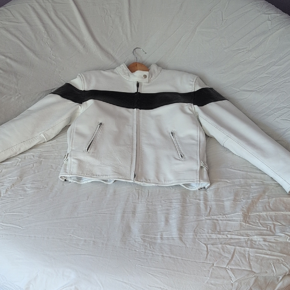 Elegant White and Black Leather Jacket